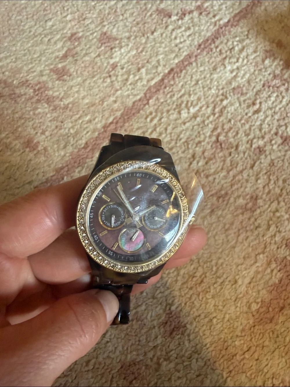 Fossil Women's Tortoiseshell Bracelet Watch with Gold Crystal Bezel